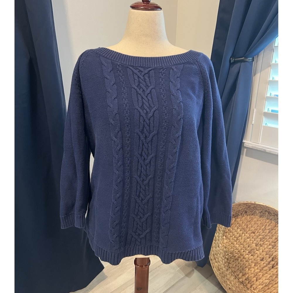Karen Scott Cable Knit Sweater Navy Blue 100% Cotton Minimalist XL Fisherman